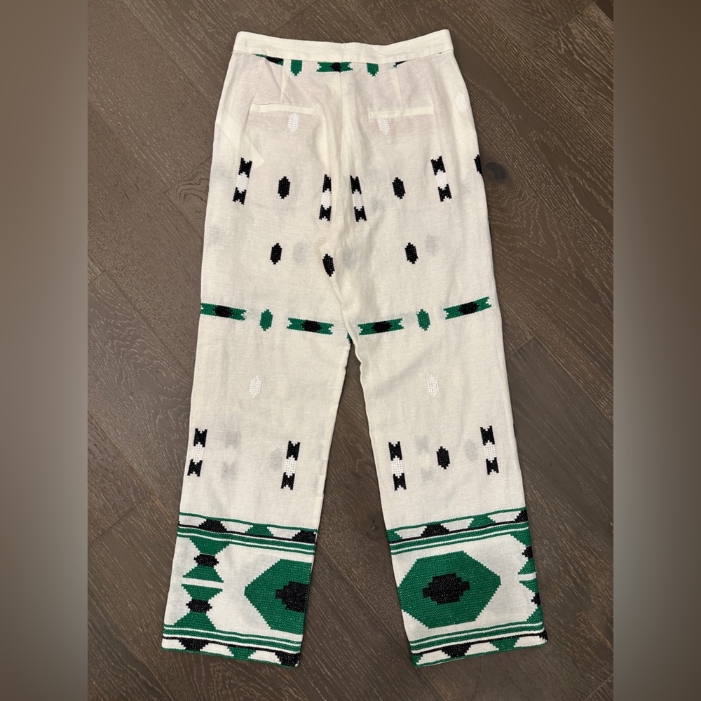 NWT Zara Embroidered Linen Blend Pants | Size S | white black & green - Picture 4 of 4